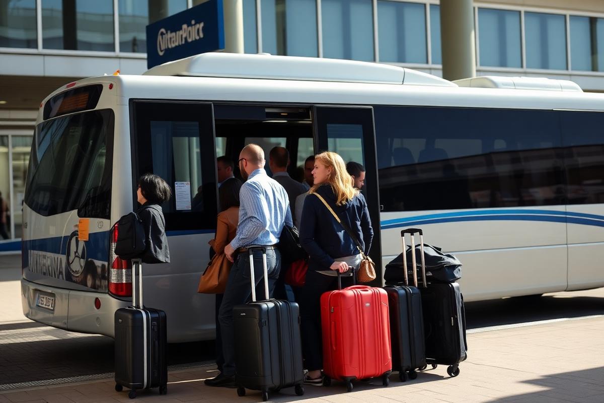 Pasażerowie z walizkami wsiadający do busa przed terminalem lotniska